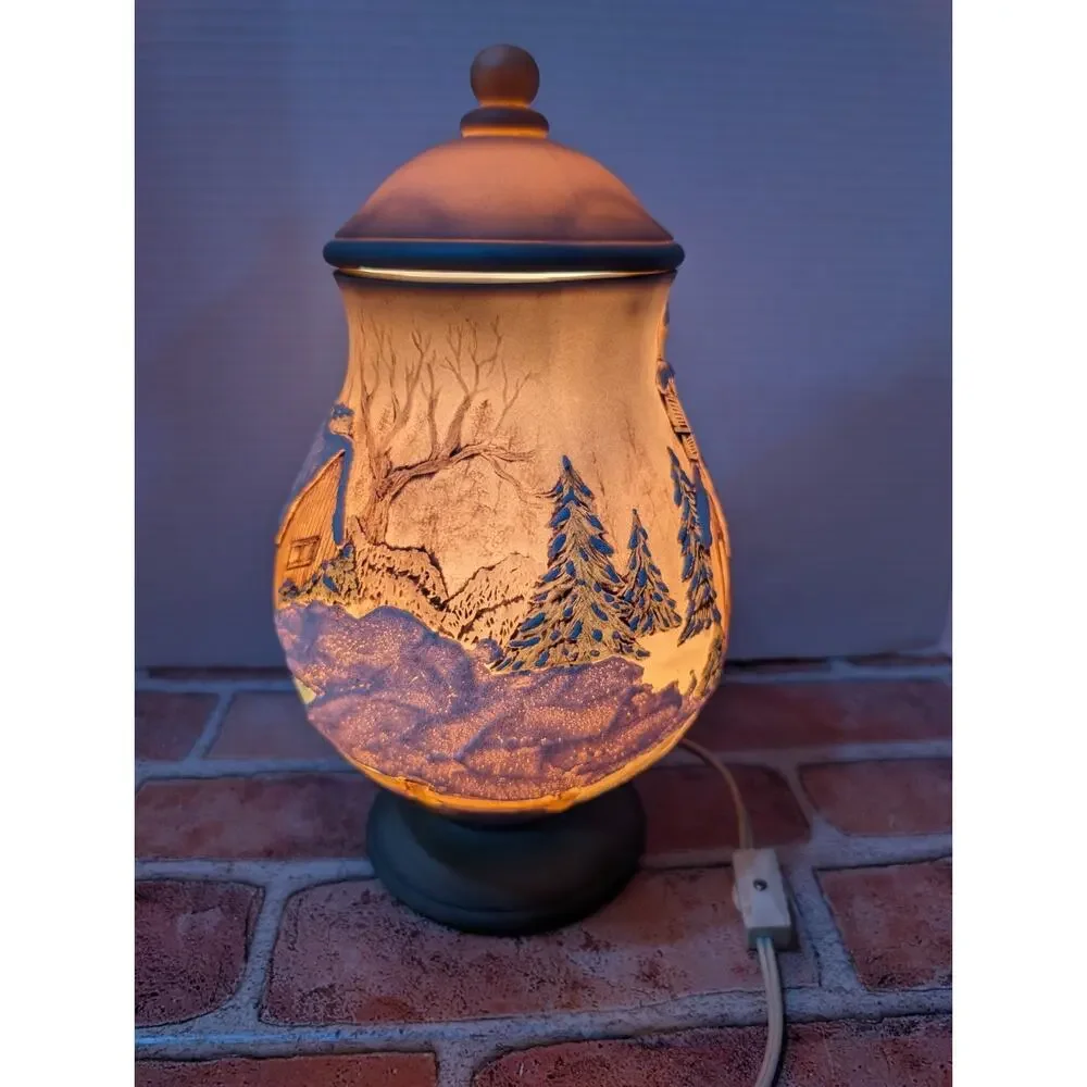 Vintage Hand Painted Ceramic Lamp Jar Light Snow Coverd Winter Church Home Scene